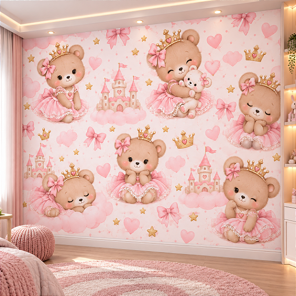 Papel de Parede Infantil Princesa Ursa Feminino Aquarela Rosa Delicado para Quarto de Bebê Menina Decoração Autoadesivo