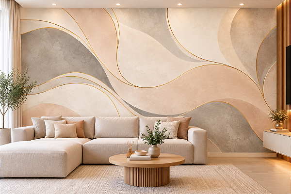 Papel de Parede Adesivo Abstrato Moderno Luxo Bege com Dourado Formas Orgânicas para Sala Quarto Decoração Sofisticada