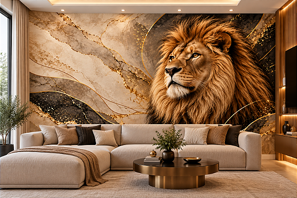 Papel de Parede Adesivo Leão Majestoso Realista Luxo Mármore Preto Bege e Dourado para Sala Quarto Decoração Moderna