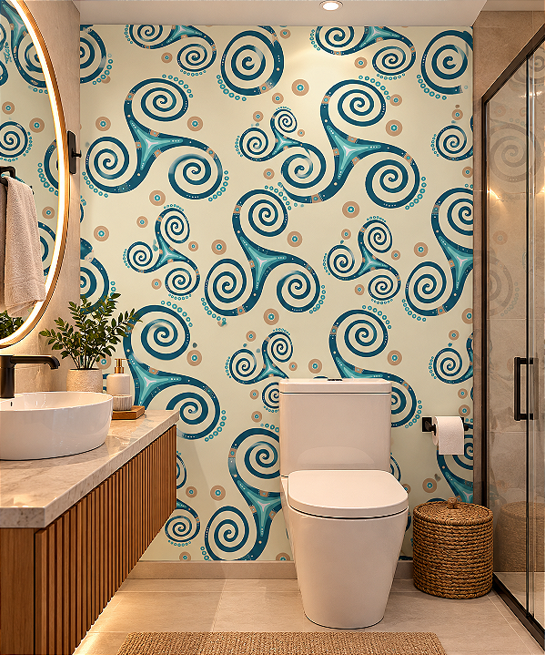 Papel de Parede Adesivo Abstrato Espirais Azul Turquesa e Bege Moderno para Banheiro Lavabo Sala e Quarto Decoração