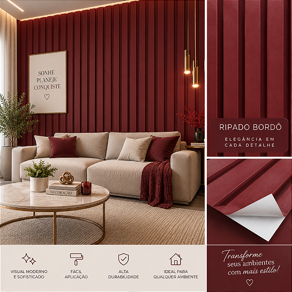 Papel de Parede Adesivo Ripado Elegance Bordo - Rose - Verde - Cimento Queimado - Mostarda