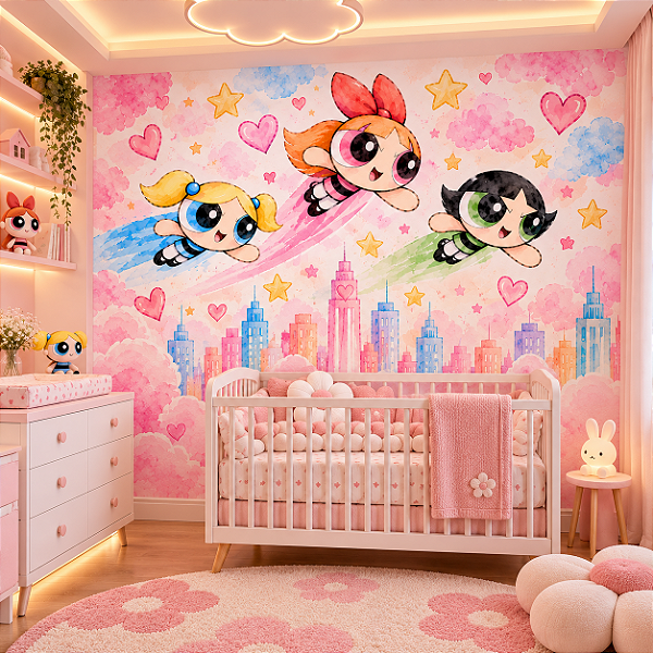 Papel de Parede Infantil Meninas Superpoderosas Aquarela Rosa Autoadesivo Decoração Quarto de Menina