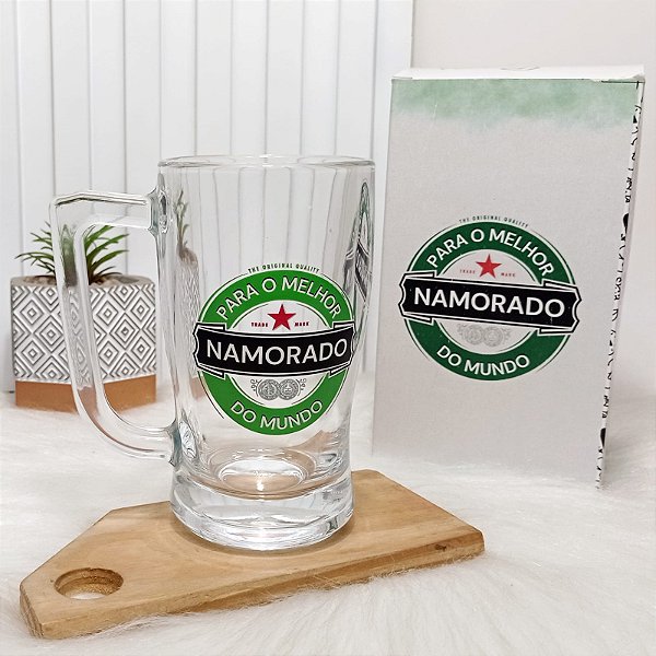 Caneca Chopp Vidro – Para o Melhor Namorado do Mundo + Caixa Presente Brinde