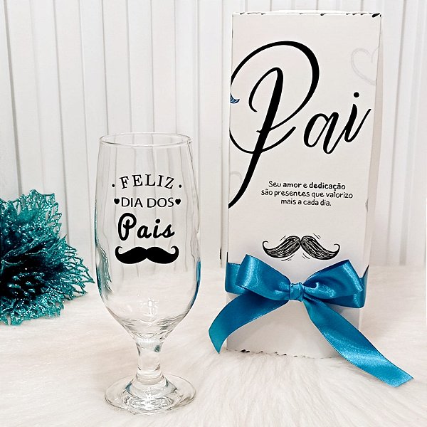 Taça Feliz Dia dos Pais + Caixa com Laço Azul / Presente Pai