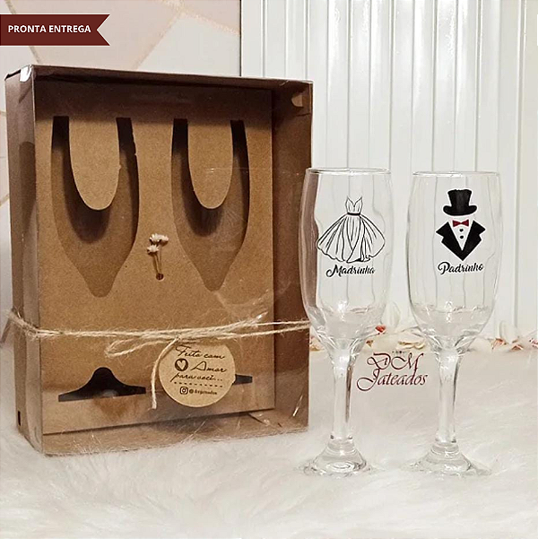Kit Presente - Caixa Kraft + 2 taças Colorida Padrinho e Madrinha