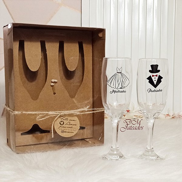 Kit Presente - Caixa Kraft + 2 taças Colorida Padrinho e Madrinha
