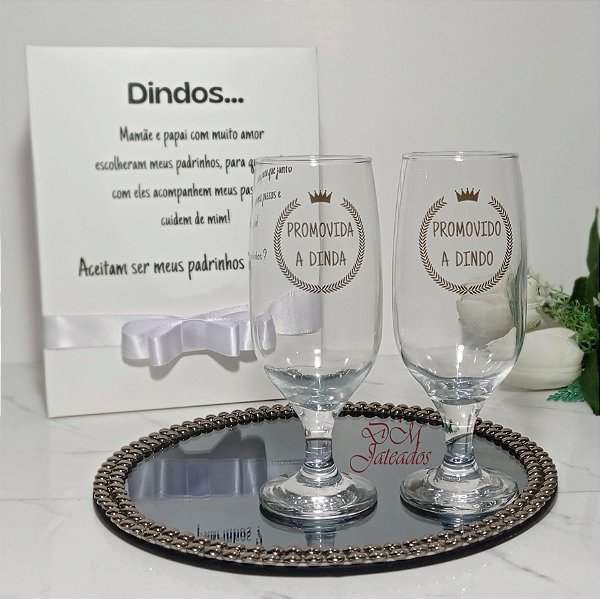 2 Taças Cerveja Com Caixa Convite Padrinhos Dindos Batismo