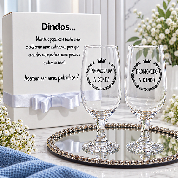 2 Taças Cerveja Com Caixa Convite Padrinhos Dindos Batismo