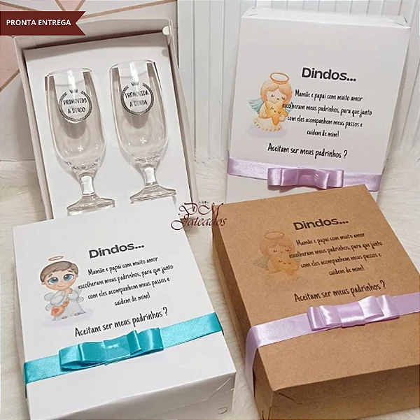 2 Taças Cerveja Com Caixa Convite Padrinhos Dindos Batismo