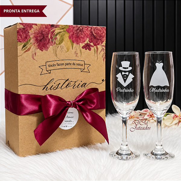 Caixa + 2 Taças Champanhe Vidro Padrinho/Madrinha/Batismo