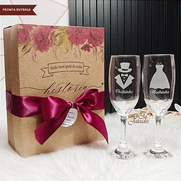 Caixa + 2 Taças Champanhe Vidro Padrinho/Madrinha/Batismo