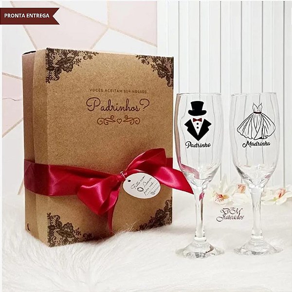 Kit Caixa com 2 Taças Champanhe Padrinho/Madrinha