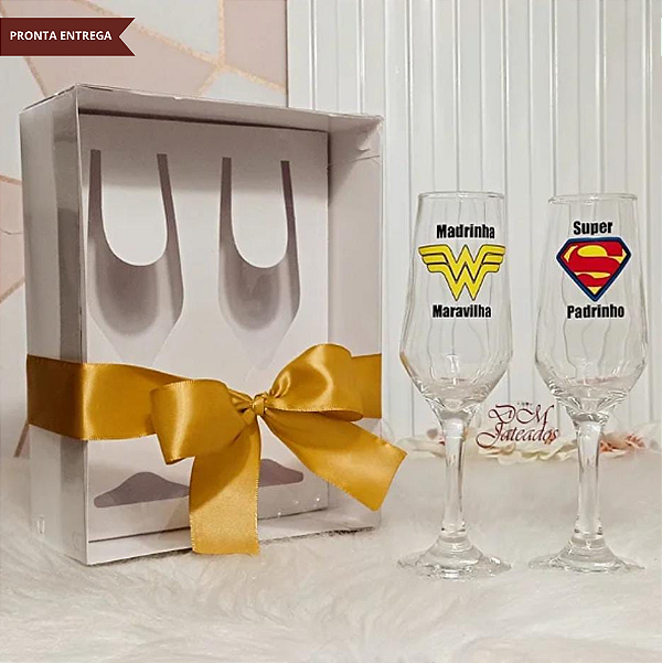 Caixa + Par de taças champanhe super padrinho / madrinha maravilha