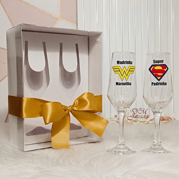 Caixa + Par de taças champanhe super padrinho / madrinha maravilha