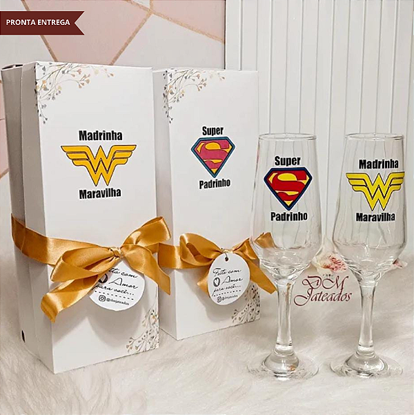 Kit de Caixa + Par de Taças Padrinho e Madrinha