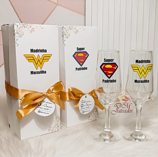 Kit de Caixa + Par de Taças Padrinho e Madrinha
