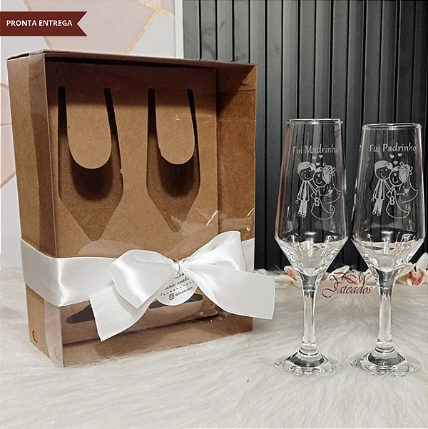 2 Taças vidro Champanhe + Caixa - Fui padrinho e fui madrinha