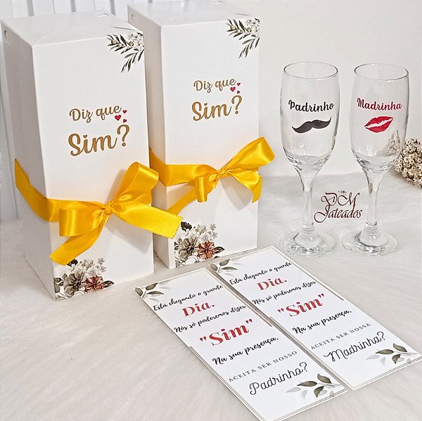 Kit Caixa Convite Individual Para Padrinho e Madrinha