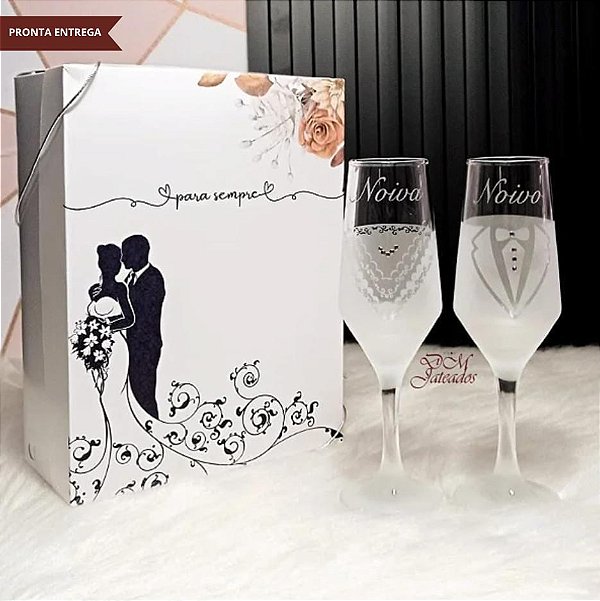 Kit Brindar Dos Noivos Renda - Caixa + 2 Taças Jateadas