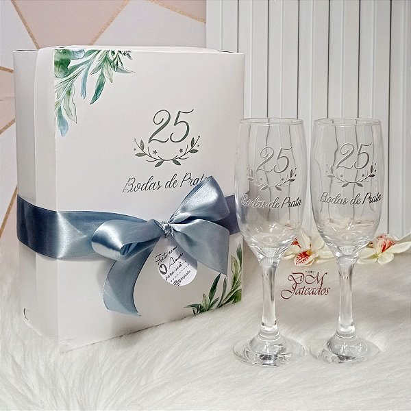 2 Taças Champanhe /25 Anos / Bodas De Prata / Caixa Presente
