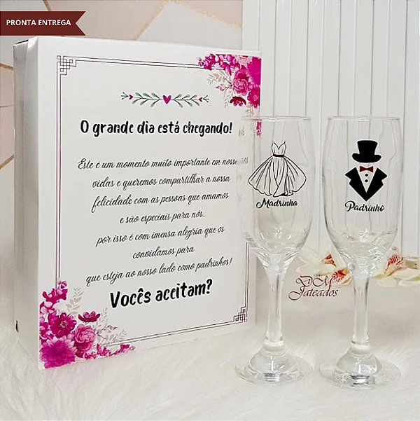 Kit Caixa Convite + Taças Champanhe Padrinhos