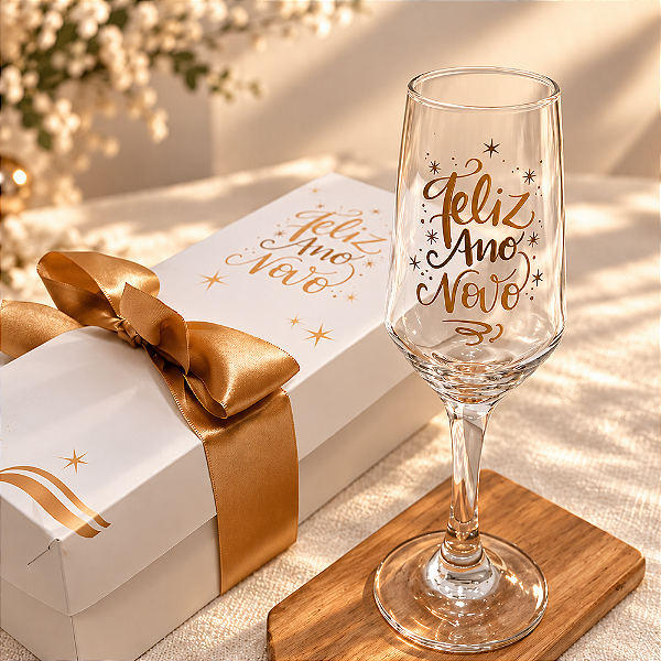 Presente Ano Novo / Taça espumante / Caixa personalizada / Fim de ano 2026