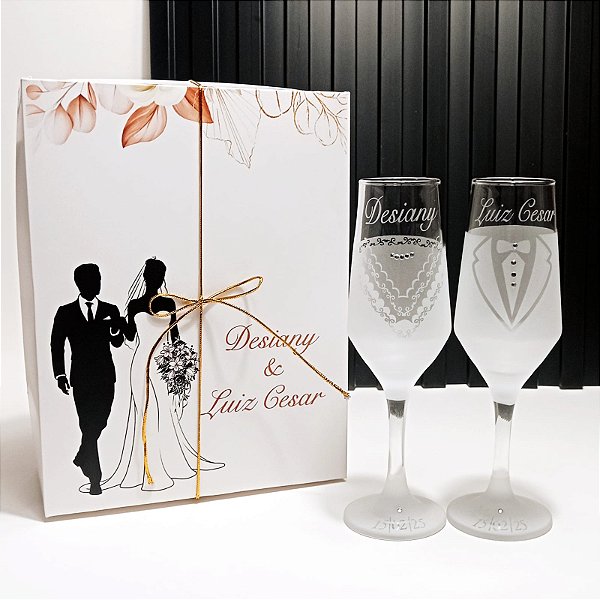 Kit Brindar Do Noivos - 2 Taças Decoradas + Caixa