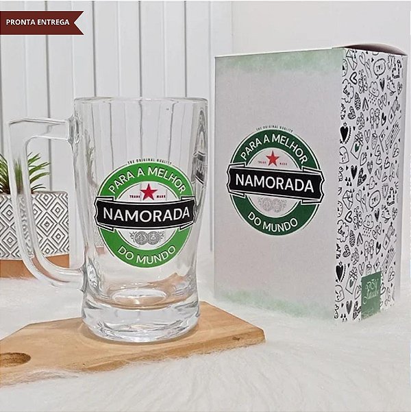 Caneca Chopp Vidro – Para a Melhor Namorada do Mundo + Caixa Presente Brinde