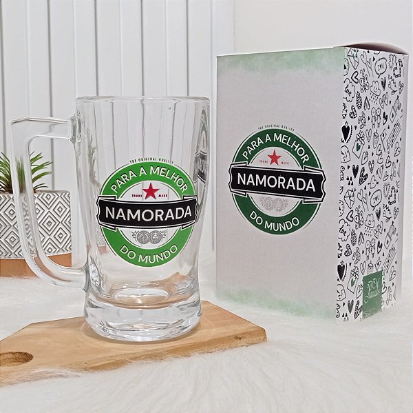 Caneca Chopp Vidro – Para a Melhor Namorada do Mundo + Caixa Presente Brinde