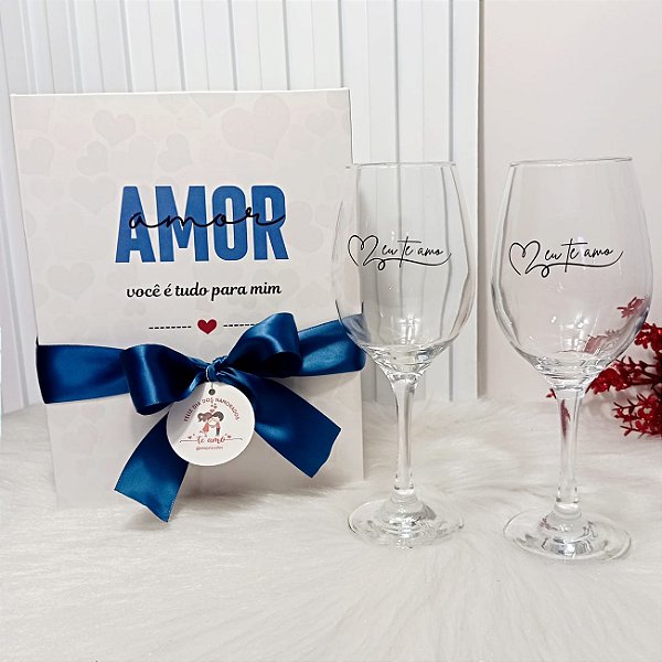 Caixa com 2 Taças Vidro Vinho Personalizadas Dia dos Namorados – Eu te amo