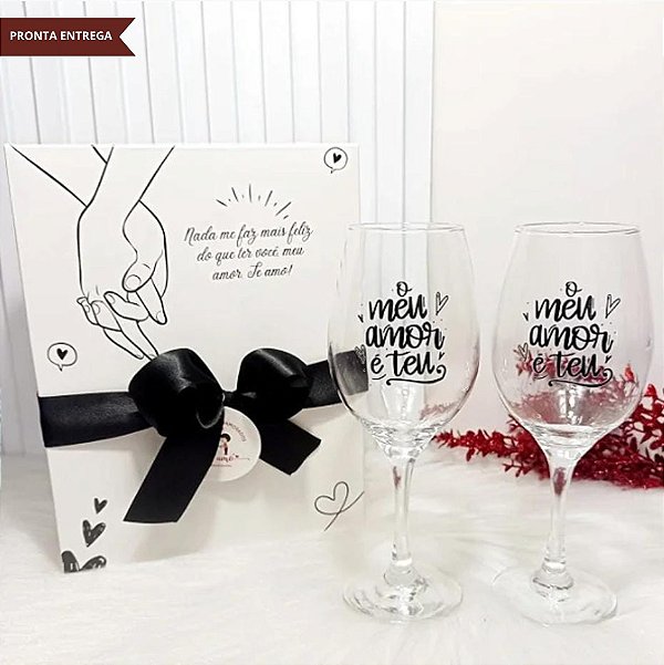 Caixa Presente + Par Taças Vinho Namorados O Meu Amor É Teu