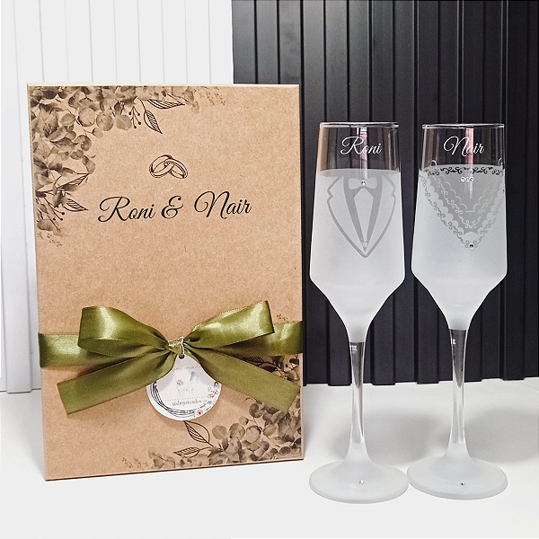 2 Taças Strass Noivos + Caixa Madeira Personalizada - Vascouver