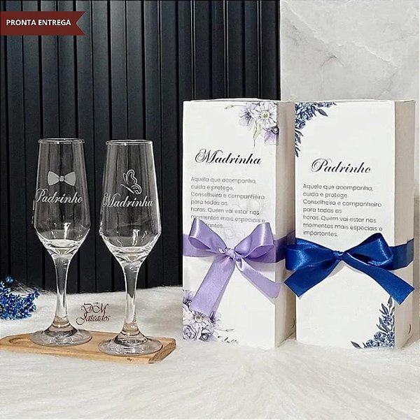Kit Taças Jateadas Madrinha e Padrinho + Caixa Individual Presente - Casamento / Batismo