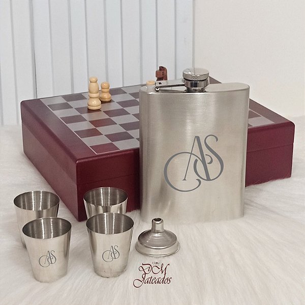Kit Cantil Inox Personalizado com 4 Copinhos + Funil – Presente Exclusivo
