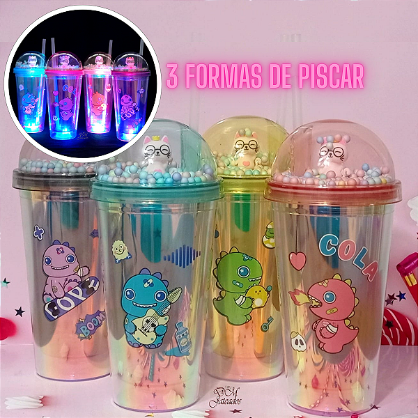 Copo Led Infantil Dino Divertido com Canudo e Tampa Acrílica / Dia das Crianças