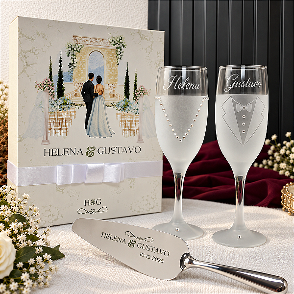 Kit Brindar dos Noivos - Caixa presente + 2 Taças Vestido e Terno + 1 Espatula - Personalizados