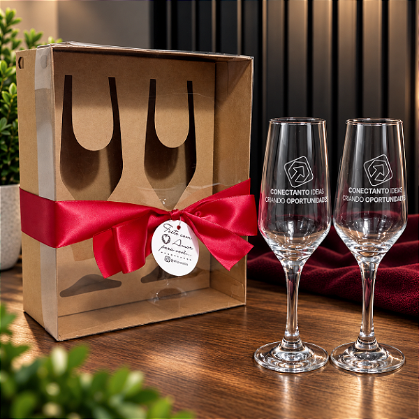 Kit Corporativo com 2 Taças Buffet 210ml Jateadas + Caixa Kraft com Visor