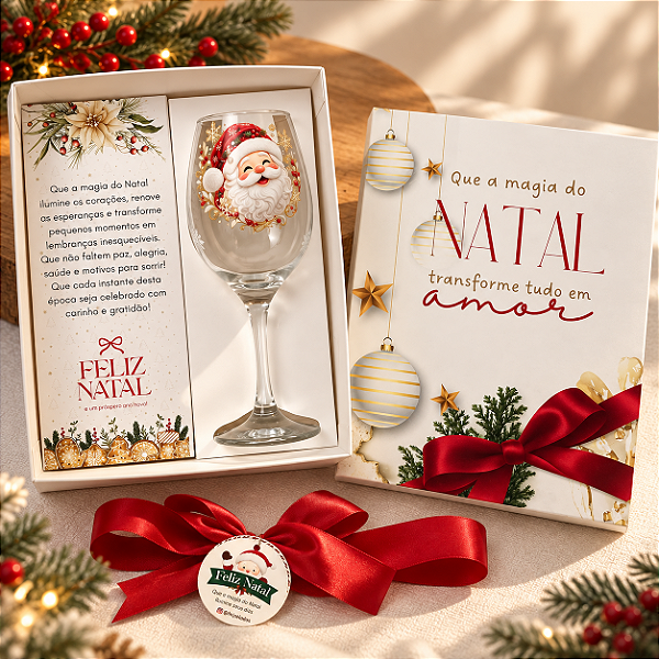 Kit Natal com Taça Barone Vinho + Caixa com Mensagem Natalina – Pronta Entrega