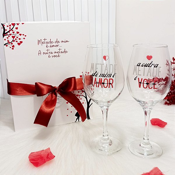 Presente Namorados -Caixa + 2 Taças Vinho Metade De Mim É Amor ...