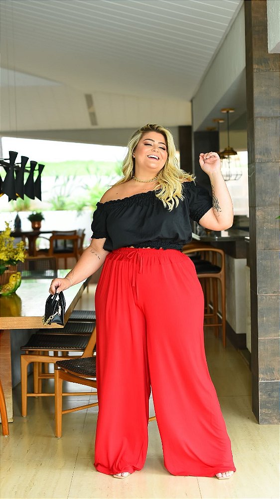 CALÇA PANTALONA VERMELHA E CROPPED PRETO - Gaby Oliveira Moda Plus