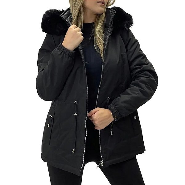 Casaco Facinelli Parka Preta Dupla Face Feminino
