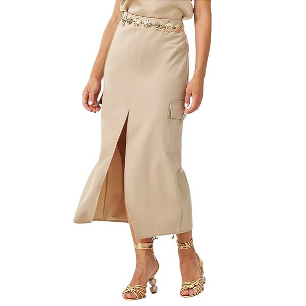 Saia Doce Trama Longa Alfaiataria Comfy Fenda Frontal Feminina