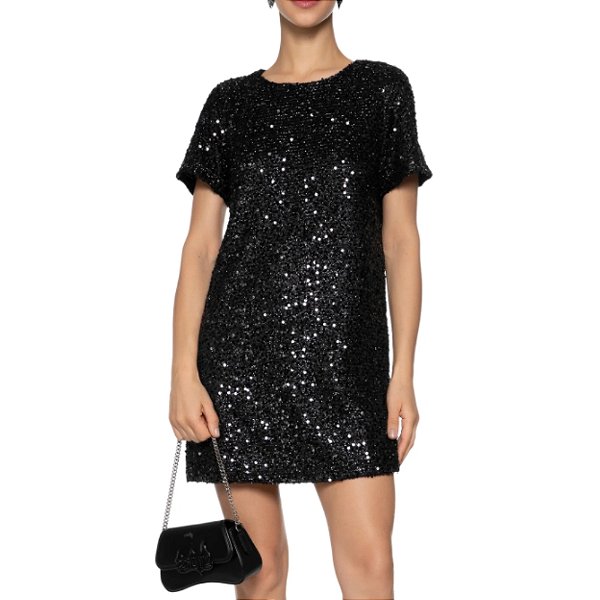 Vestido Facinelli Curto Com Manga Curta Em Paetê Feminino