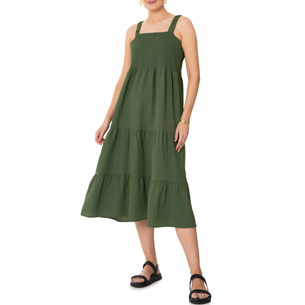 Vestido Facinelli Midi Texturizado Decote Reto Verde Feminino