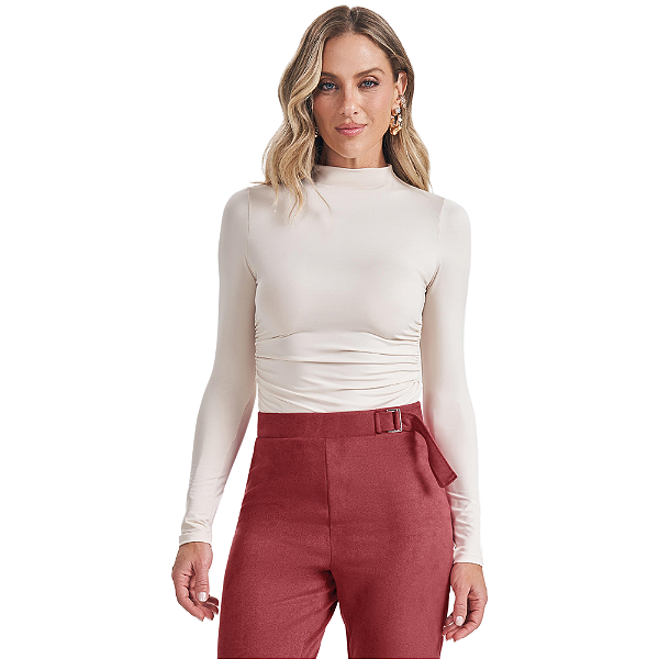 Blusa Doce Trama Manga Longa Gola Alta Segunda Pele Básica Feminina