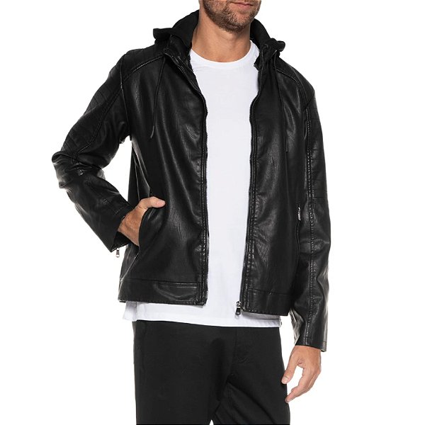 Jaqueta Broken Rules PU Capuz Removível Forrado Masculino