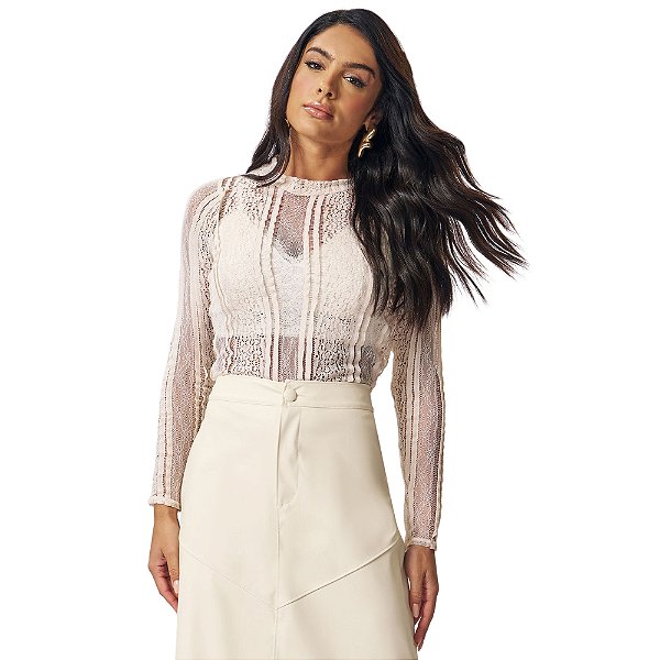 Blusa Doce Trama Em Renda Manga Longa Gola Alta Preta Feminina
