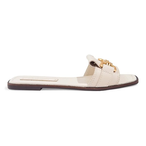 Rasteira Santa Lolla Couro Flat Bico Quadrado Tira Larga Off White Feminina