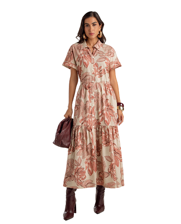 Vestido Midi Floral Manga Curta Feminino