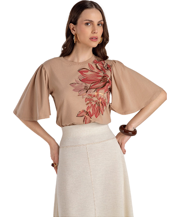 T-Shirt Floral Manga Curta Feminina